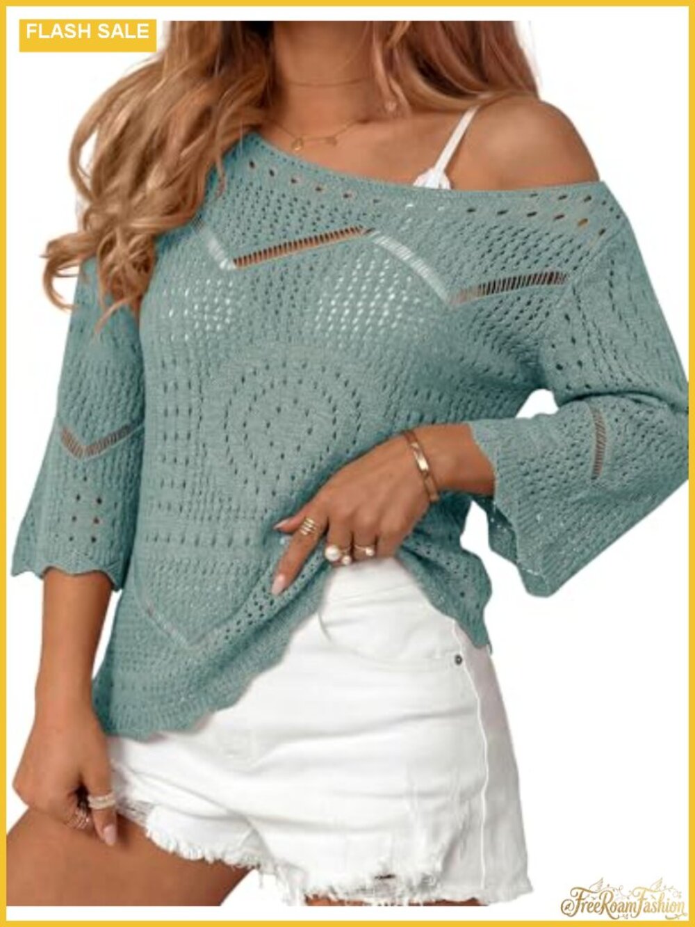 Women's Crochet Hollow Out Knit Top 3/4 Sleeve Beach Cover Up